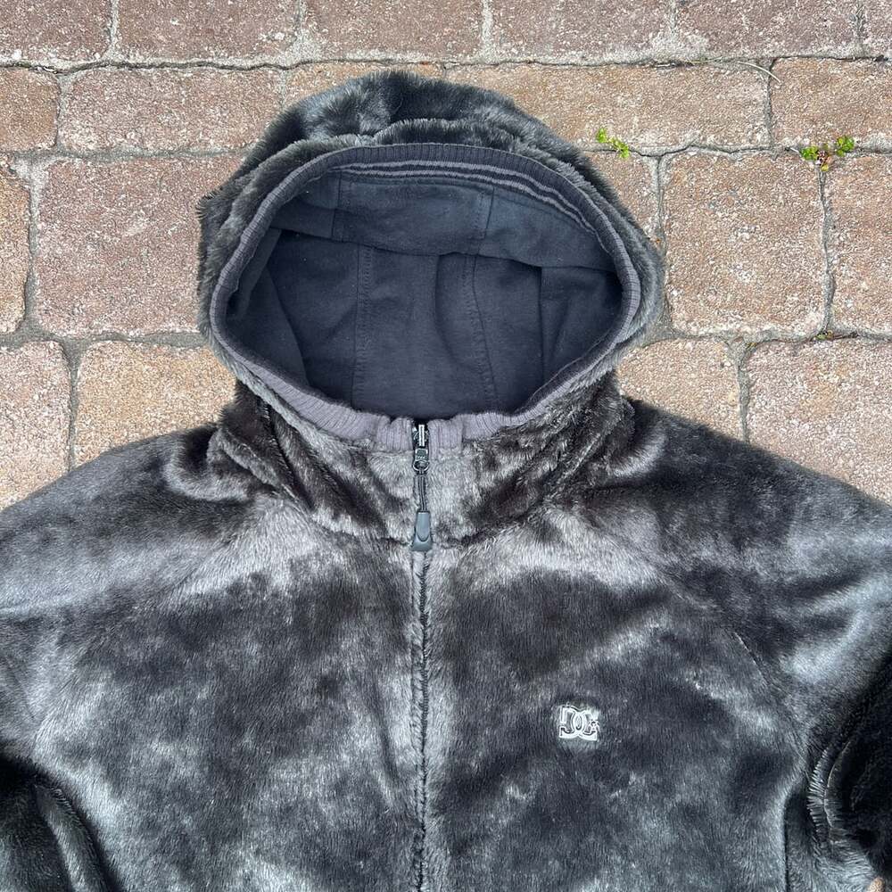 Vintage Y2K DC Reversible Fur Lined Hoodie Zip Up Black Skate Grunge Baggy XL